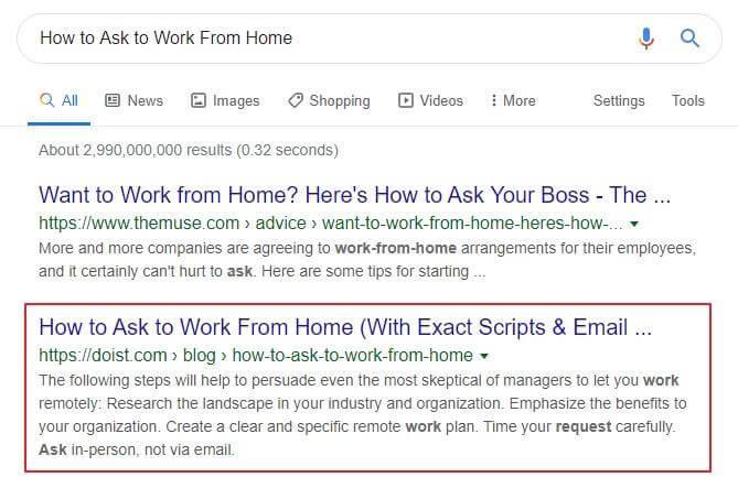 How to ask to work from home Google search results screenshot