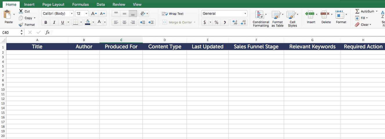 Content audit template spreadsheet.