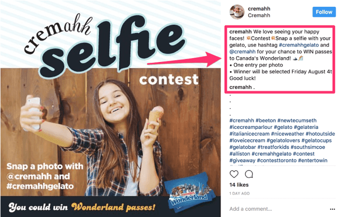 Customer photo contest example on Instagram