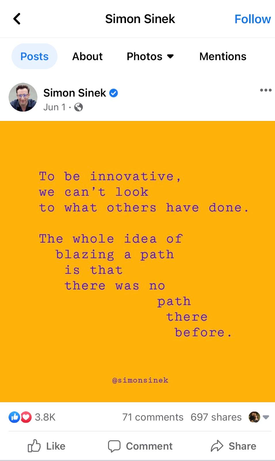 Highly engaged Facebook post from Simon Sinek