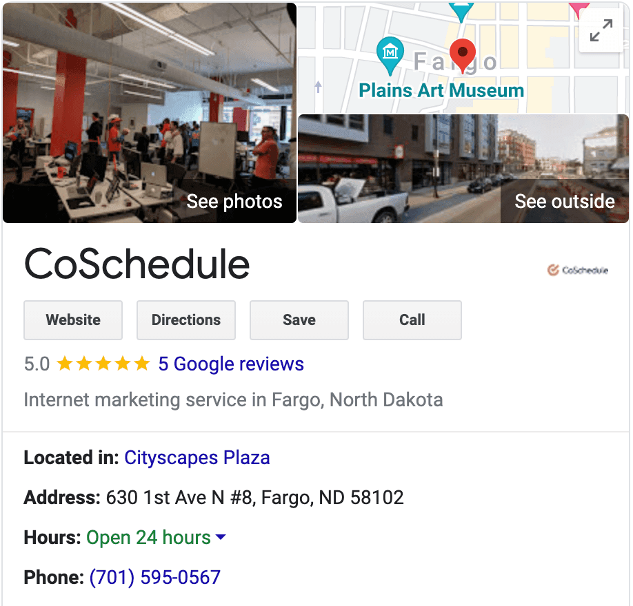 Google local search CoSchedule results