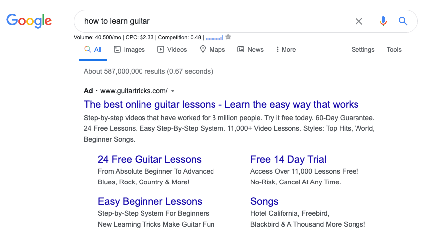 Google search for how to learn guitar
