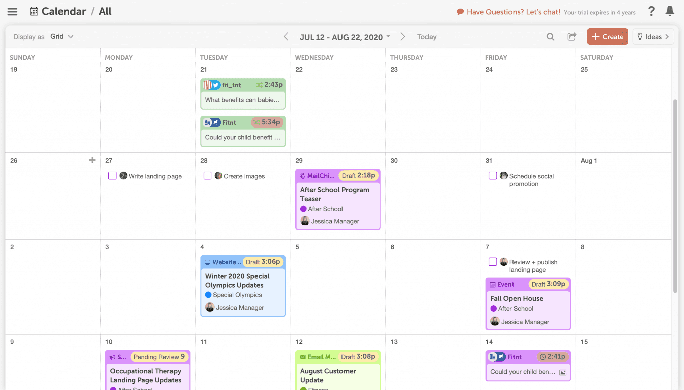 Example of a content calendar