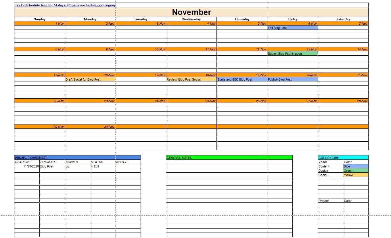 Marketing and content calendar template