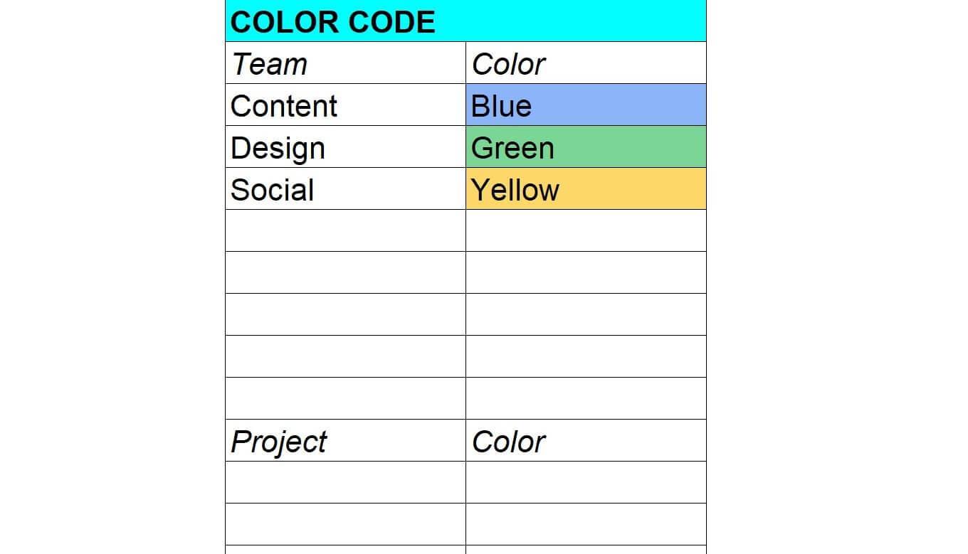 Color coding key for calendar templates