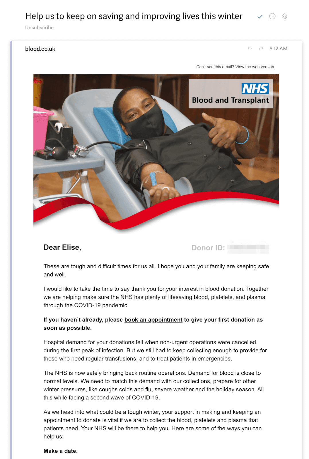 Example of an email drip campaign from blood.co.uk