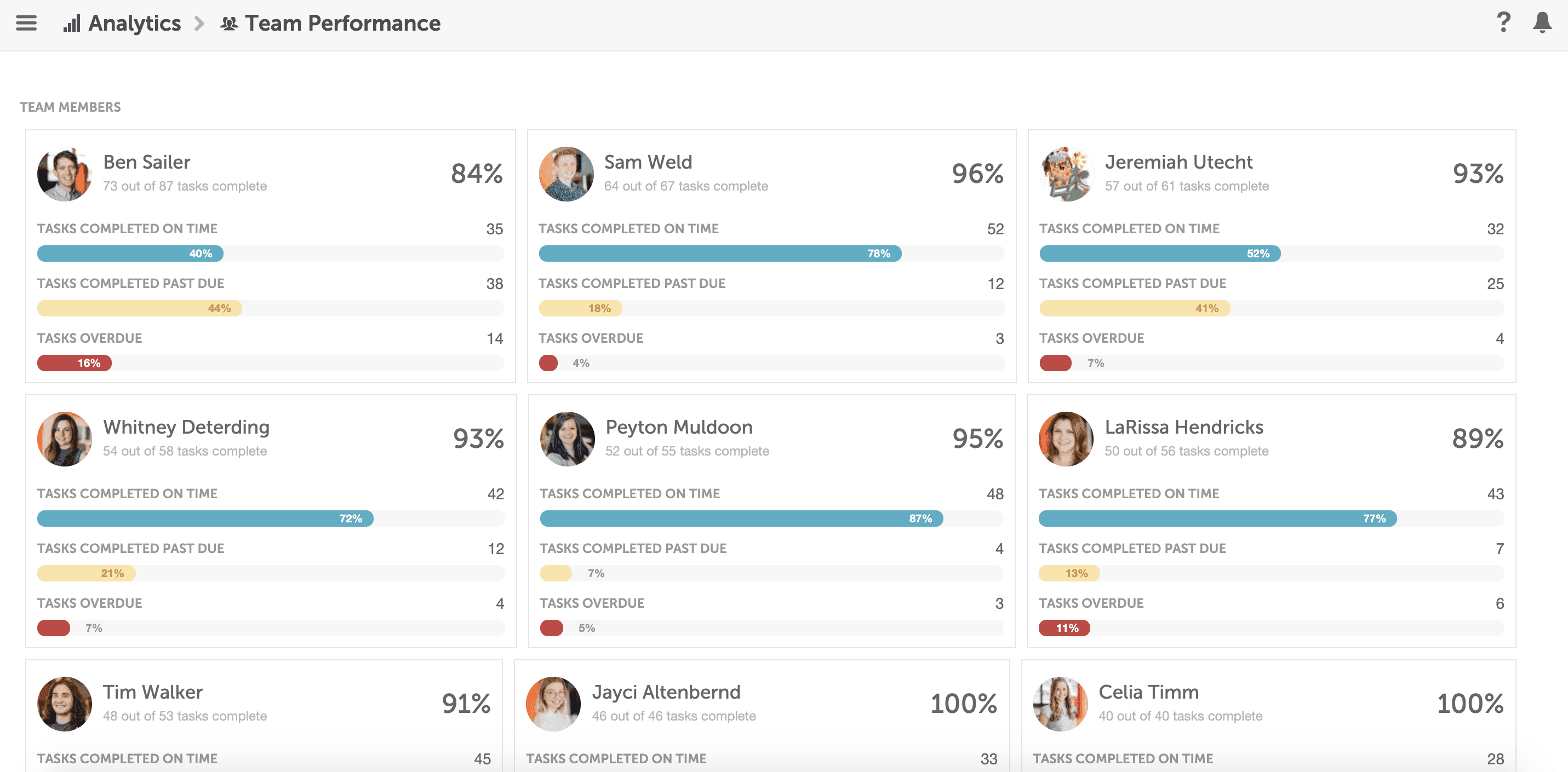 Example of the team report page in CoSchedule