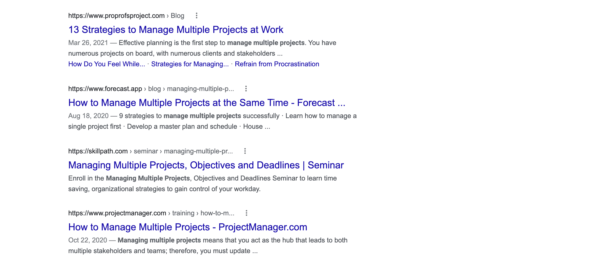 Google's top search results for "project management"