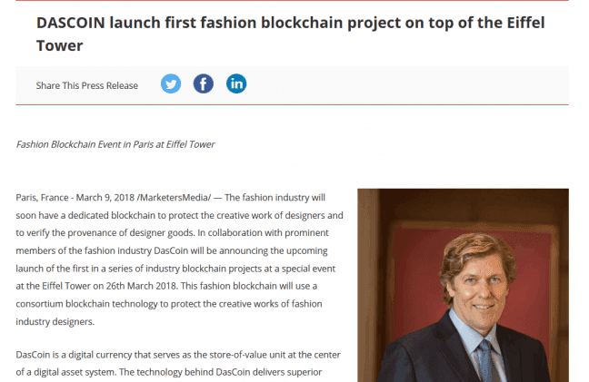 DASCOIN launch first fashion blockchain project on top of the Eiffel Tower