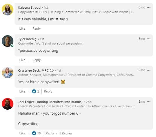 LinkedIn copywriting comments