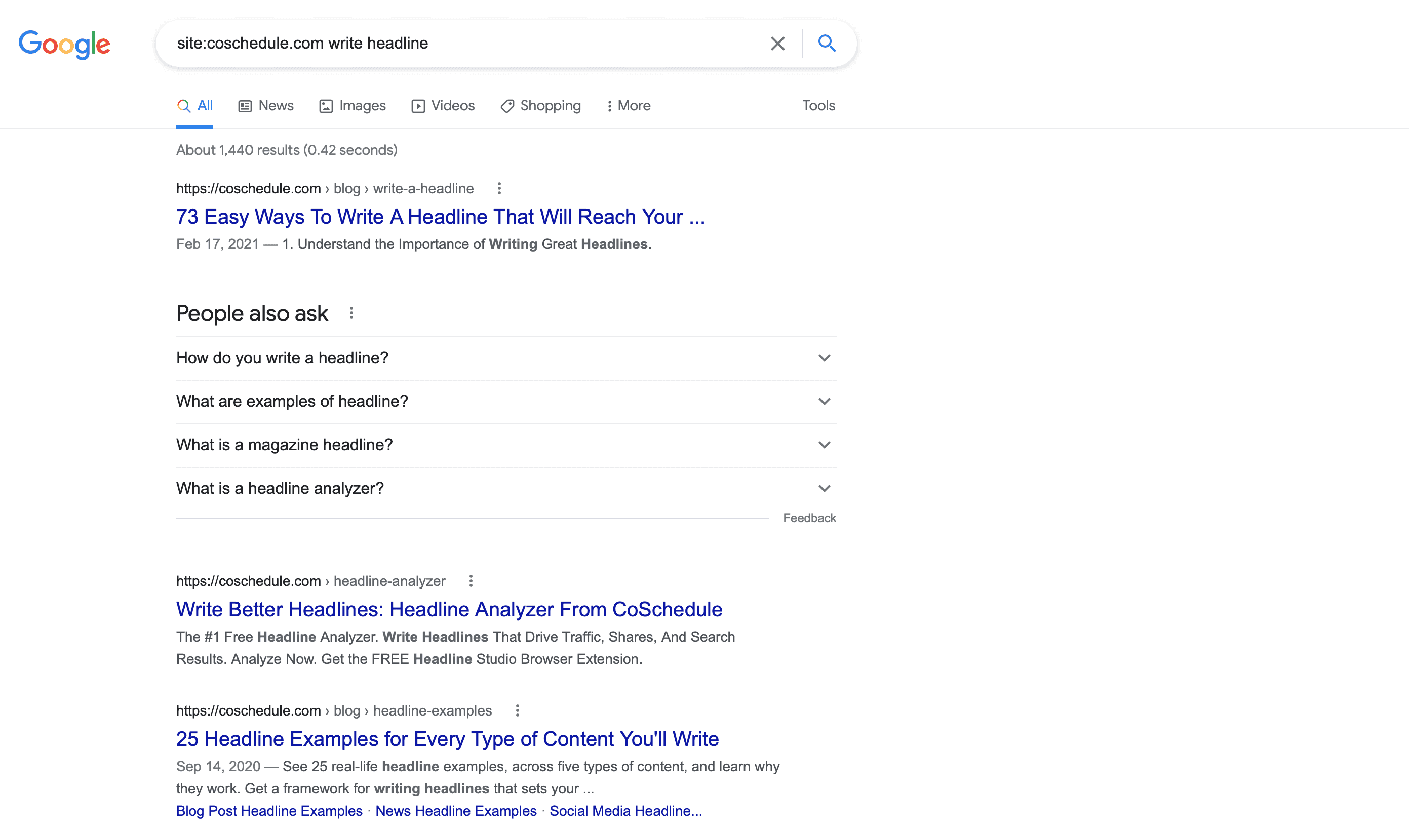 screenshot of a google insite search