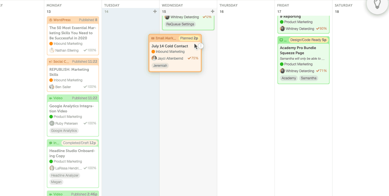 Example of drag and drop feature in marketing calendar