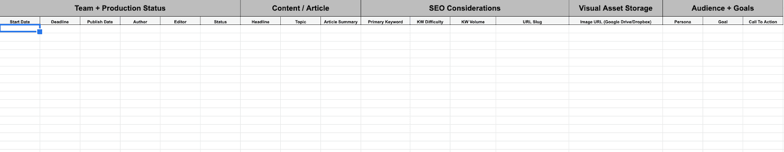 Example of a spreadsheet template