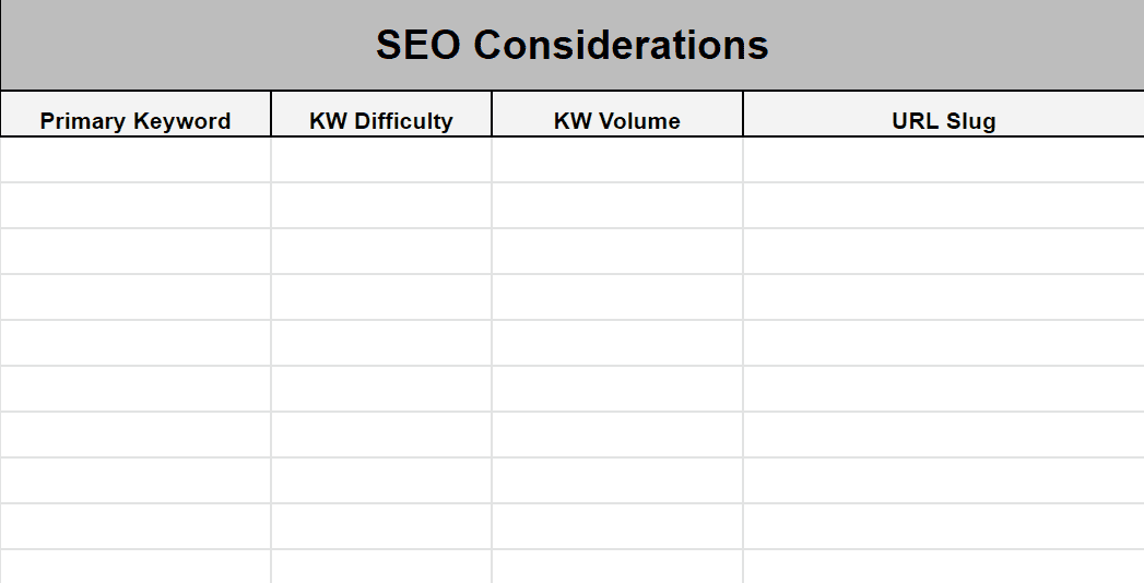 SEO considerations template
