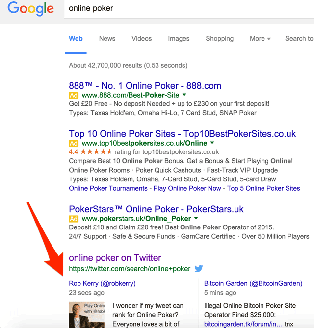 Tweets displayed in search results