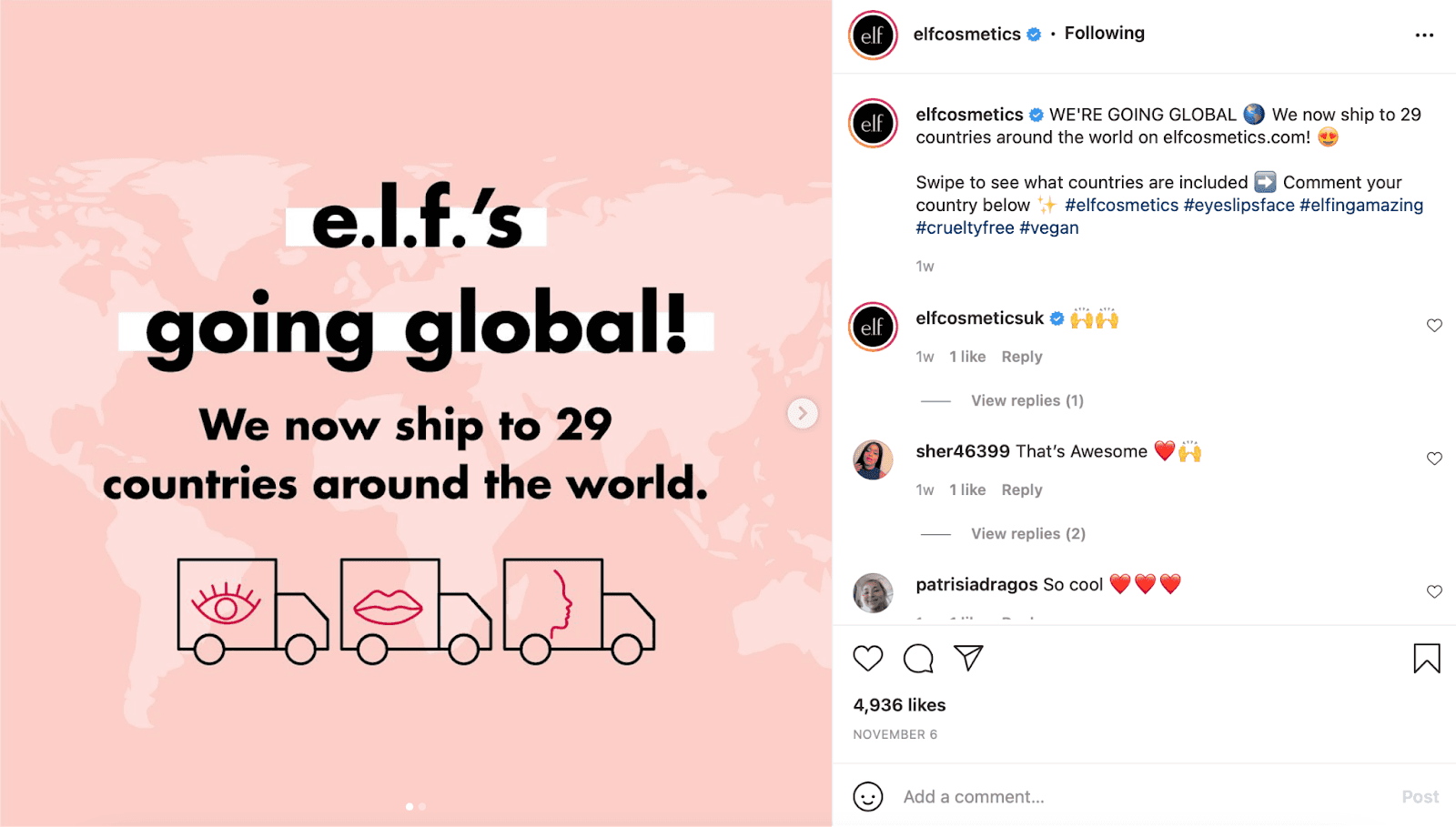 Elf Instagram post announcing their world-wide expansion.