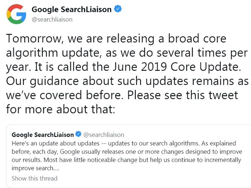 Tweet from Google Search Liaison with an algorithm update announcement