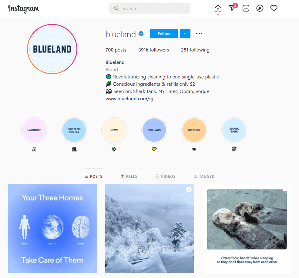 Blueland's instagram homepage