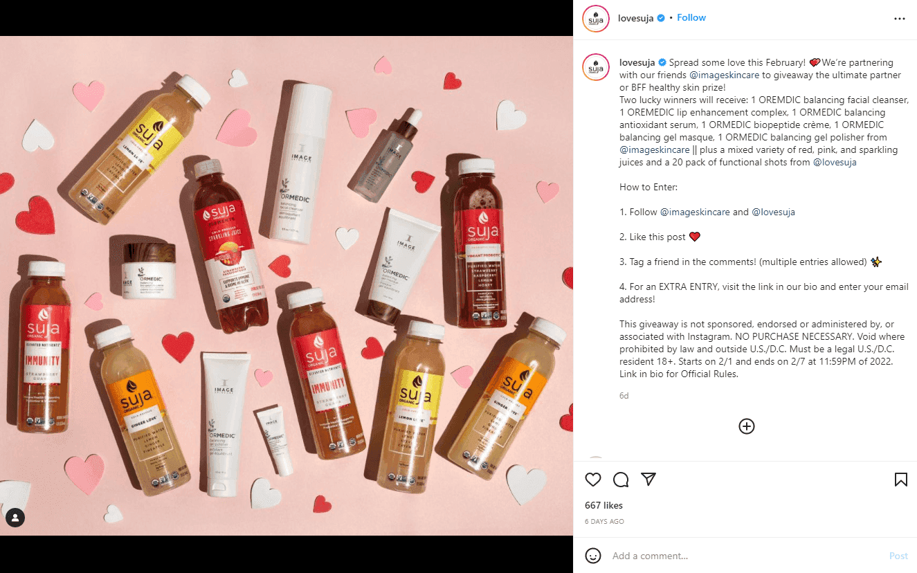 Love Suja uses instagram giveaways to promote their product lines