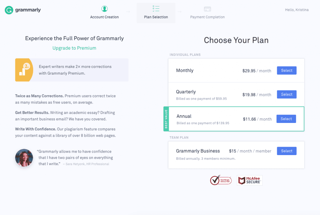 Grammarly upsells their customers with a premium version