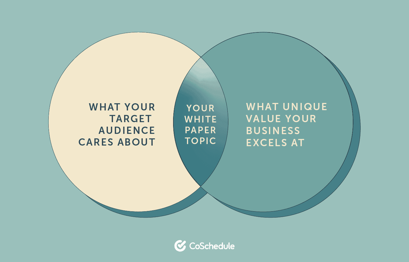 Venn diagram with 'what your target audience cares about, 'what unique value your business excels at' on the other, and 'your white paper topic' in the middle