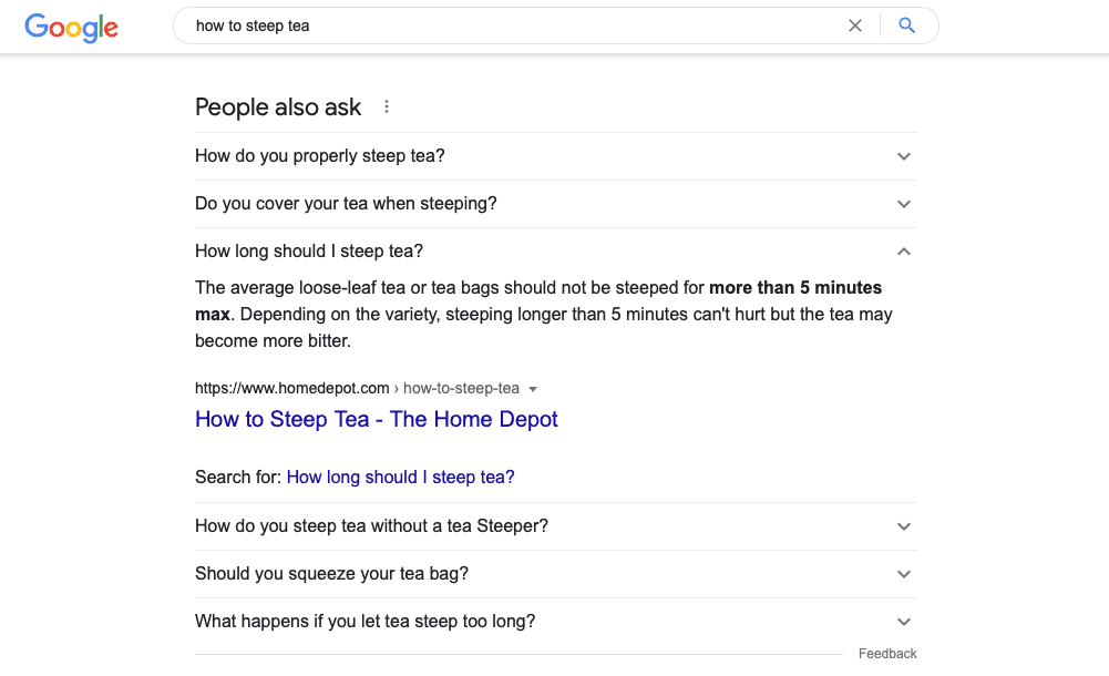 Google search "how to steep tea" with the "People also ask" section highlighted. Other questions that 'people also ask' include "How do you properly steep tea?" and "Do you cover your tea when steeping?"