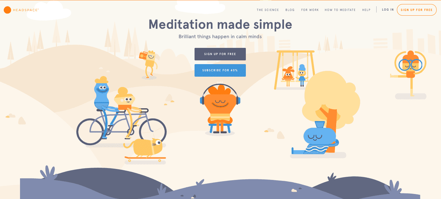 illustrations of characters relaxing, listening to music, riding bikes, walking their dog, doing yoga