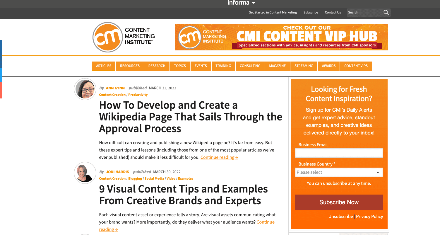 A screenshot of the Content Marketing Institute Blog Homepage.