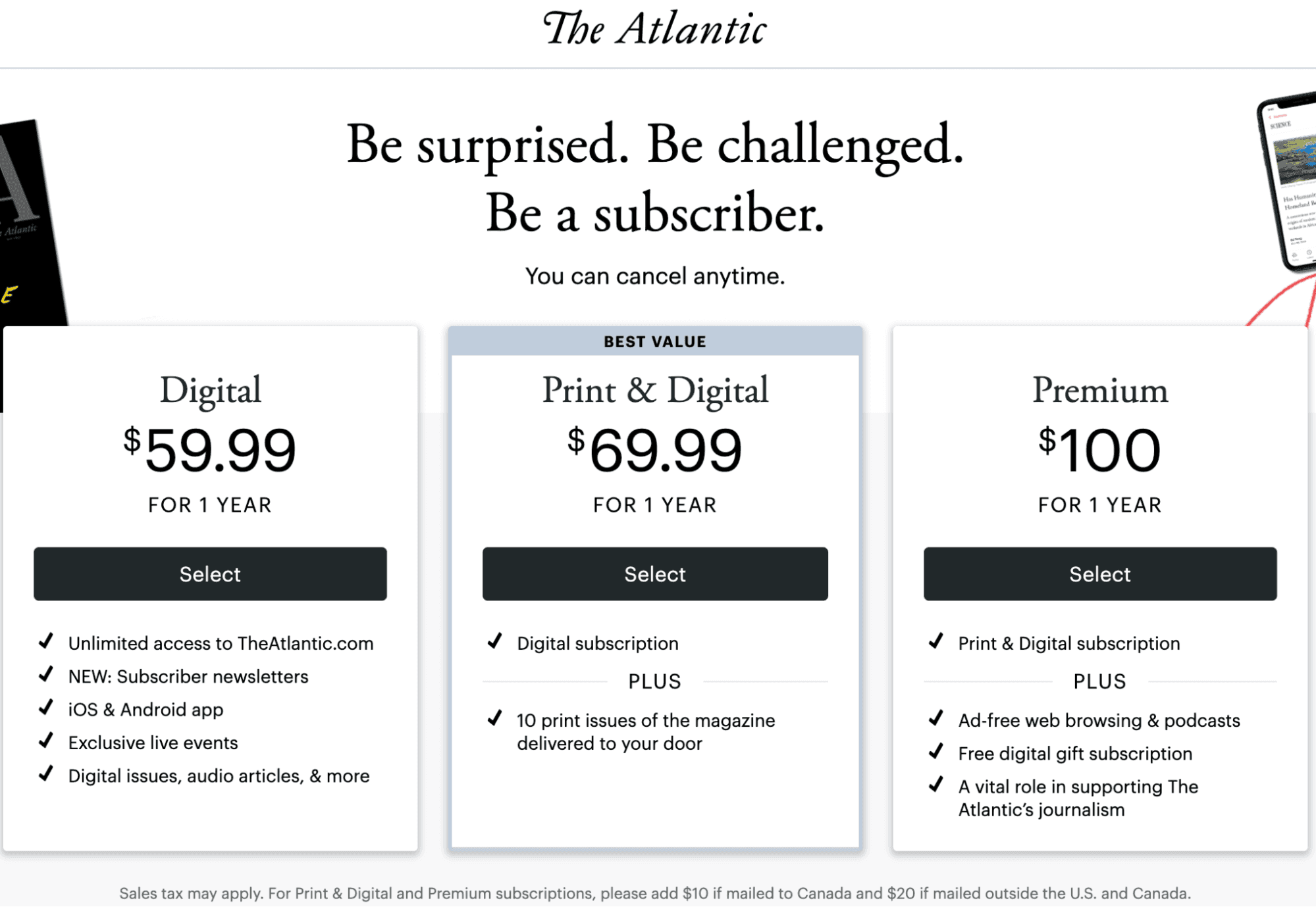 image of the Atlantic's subscription tiers