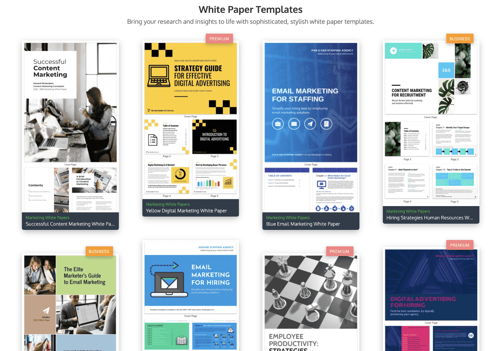 Six different white paper template options from Venngage