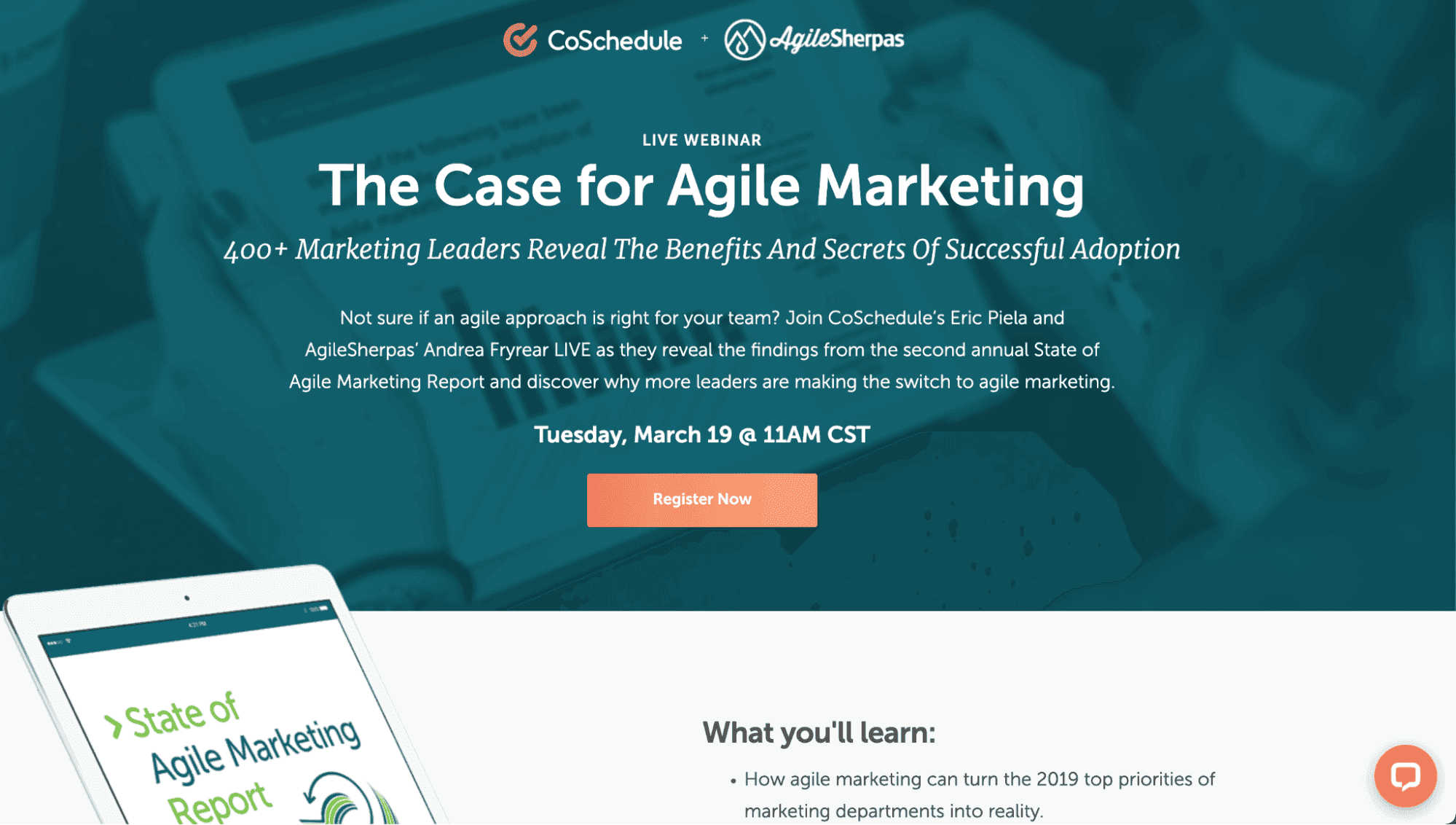 Screenshot of a CoSchedule webinar on Agile Marketing available for customers to attend