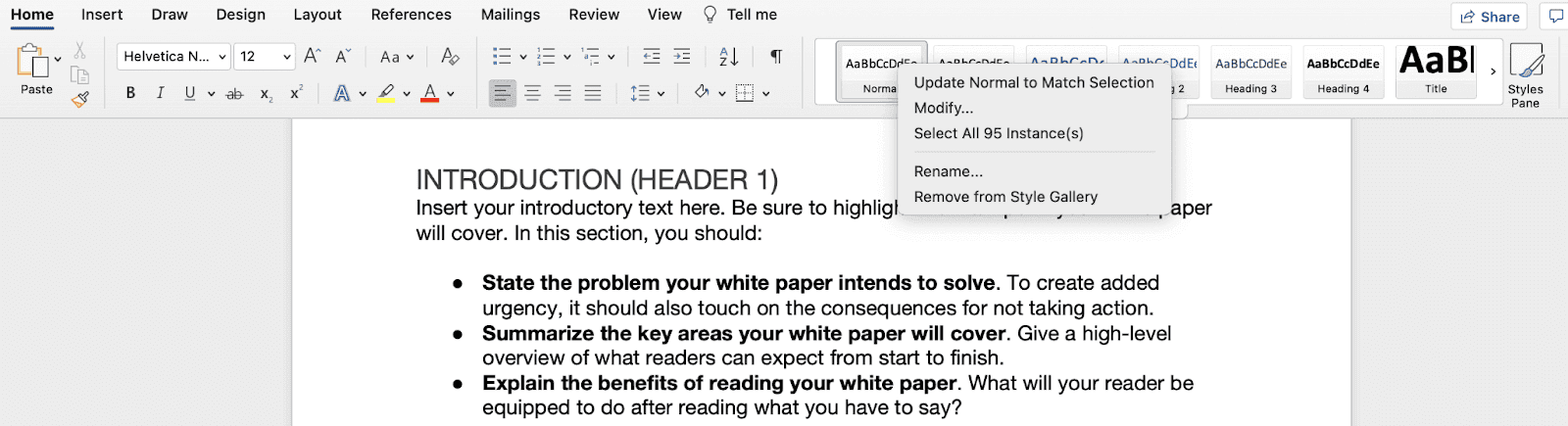 Example of how to create a header for a white paper in Word