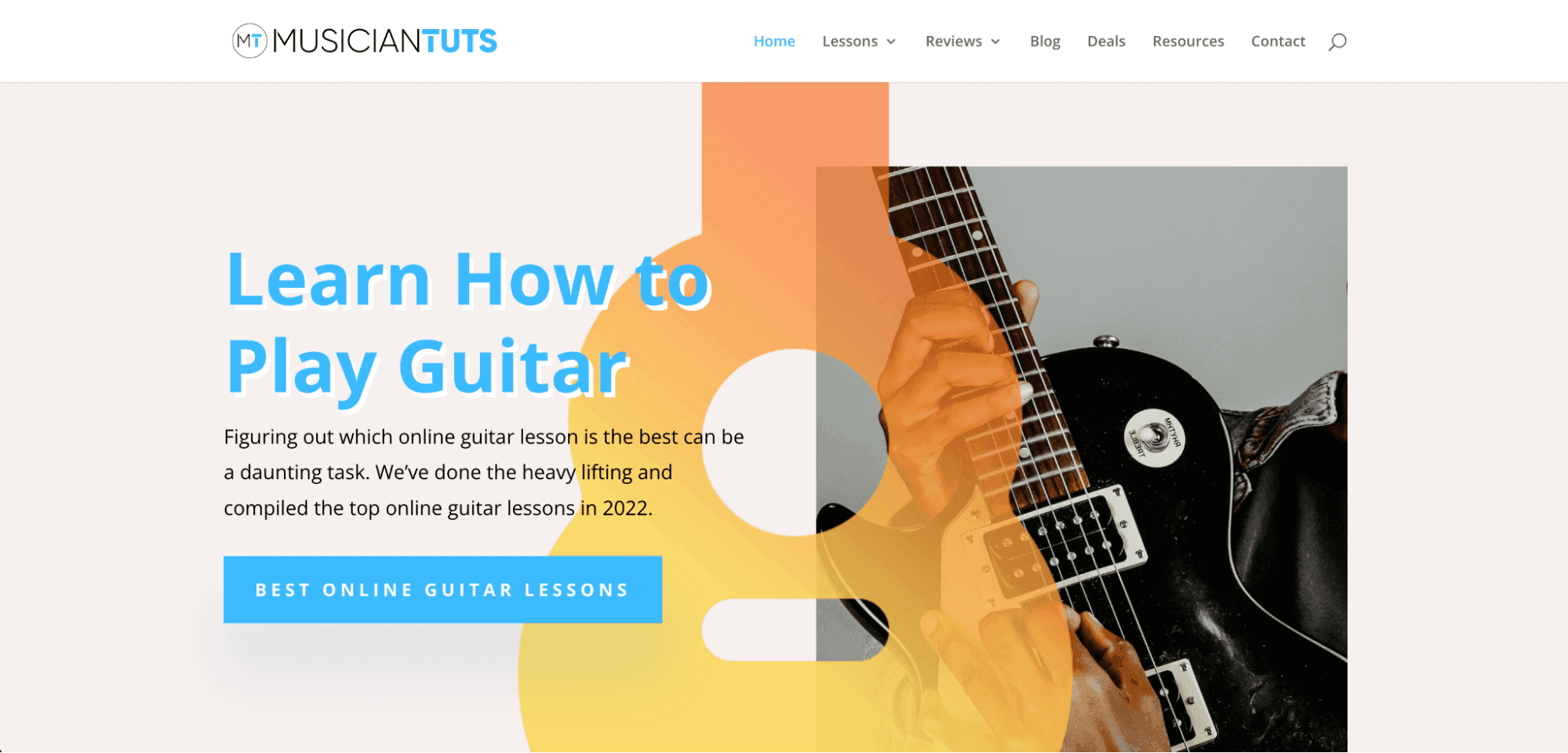 screenshot of the musician tuts blog homepage headline reads "learn how to play guitar"