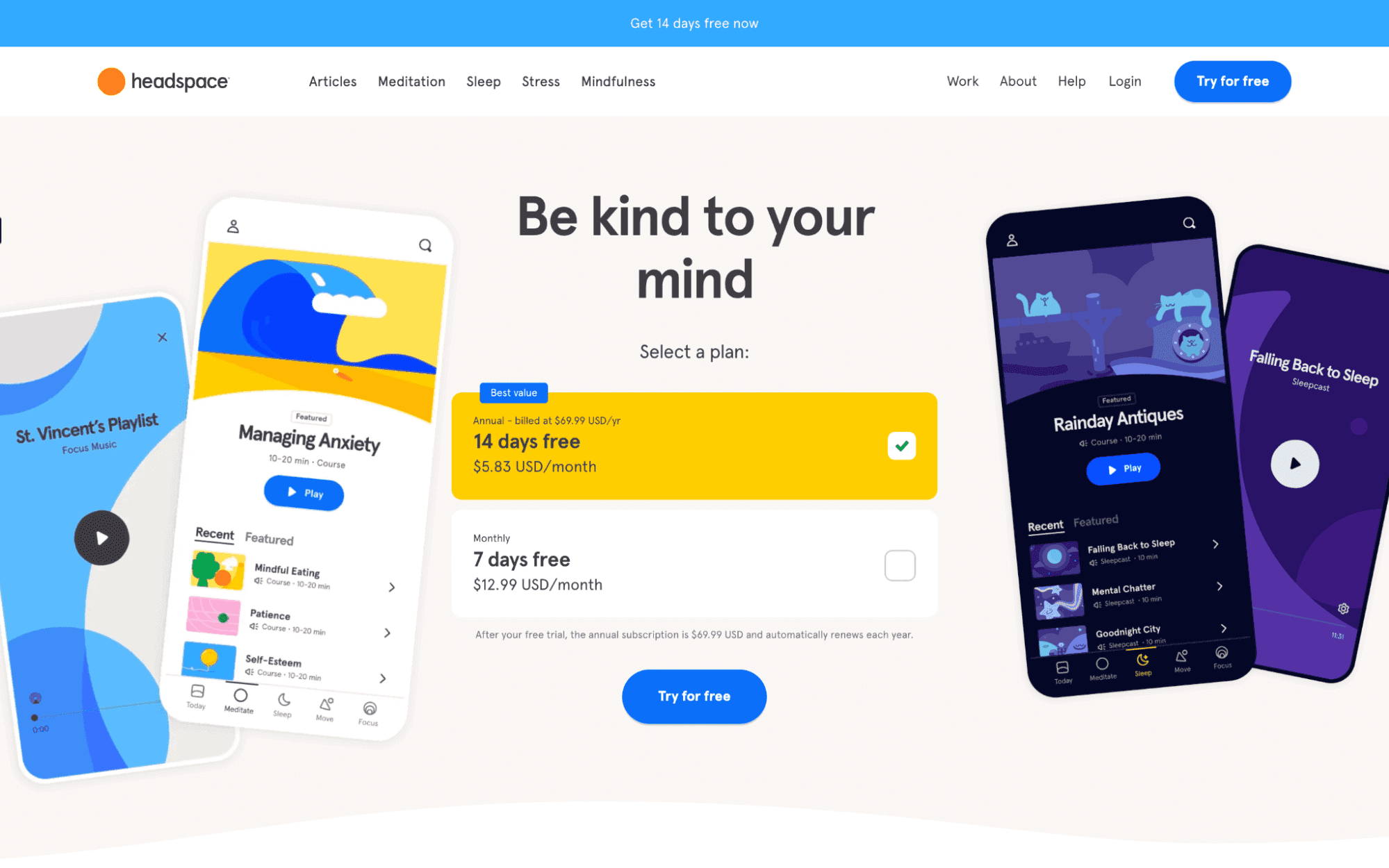 homepage of headspace's website. "Be kind to your mind, select a plan:" and lists some of their plans. They use bright colors and illustrations to imprint their brand identity.