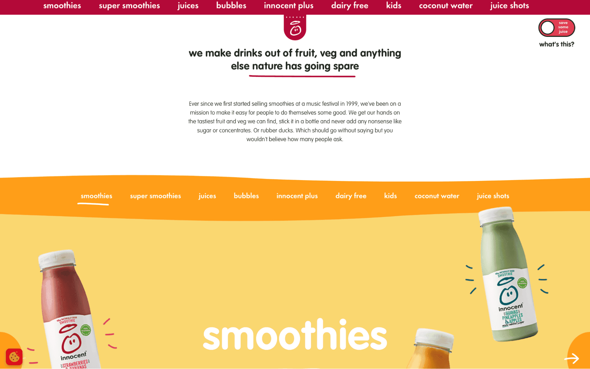 colorful, playful website home page advertising smoothies from the brand 'Innocent'