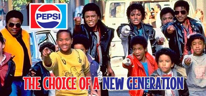 Screenshot of a Pepsi commercial featuring Michael Jackson. Text reads: "the choice of a new generation."