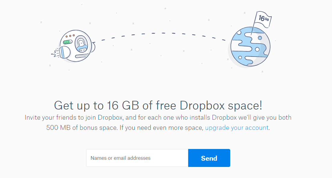 Dropbox prompt for bonus virtual storage (up to 16 GB) attained by inviting friends
