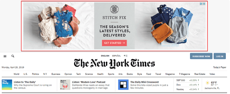 A Stitch-Fix ad displayed at the top of a New York Times article.