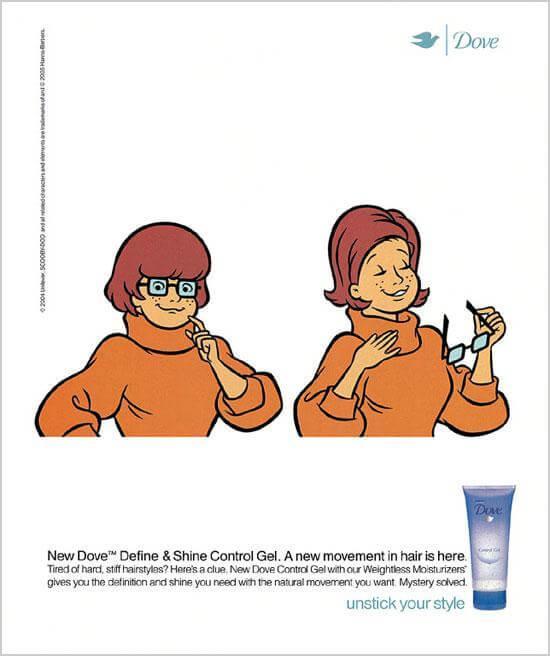 Velma, from Scooby-Doo, using and showcasing a new Dove product.