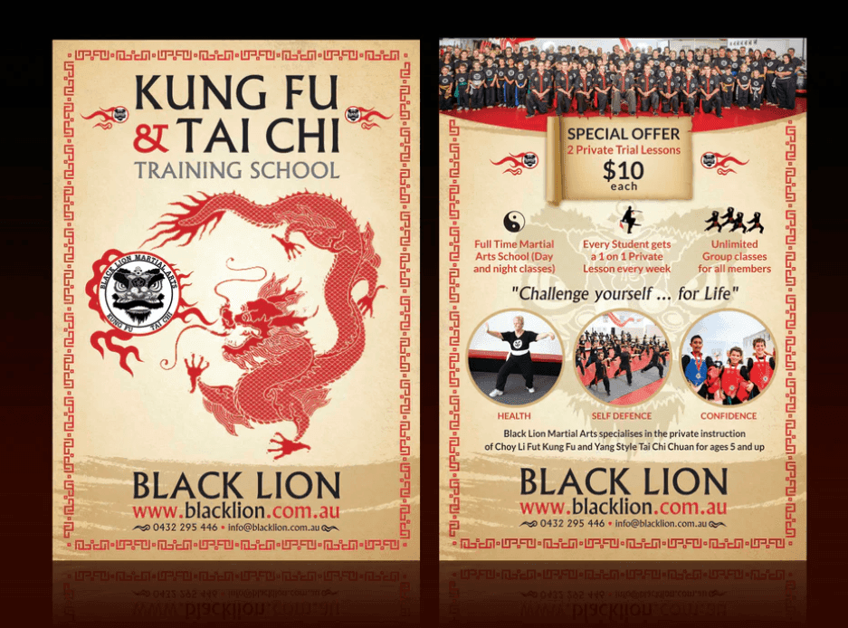 A printed ad example from Black Lion Kung Fu & Tai Chi training school.