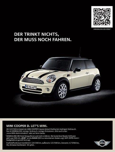 a Mini Cooper ad with a QR code in the top right corner for customers to scan.