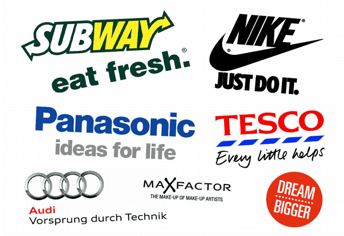 Slogan examples from Subway, Nike, Panasonic, Tesco, Audi, and Maxfactor.