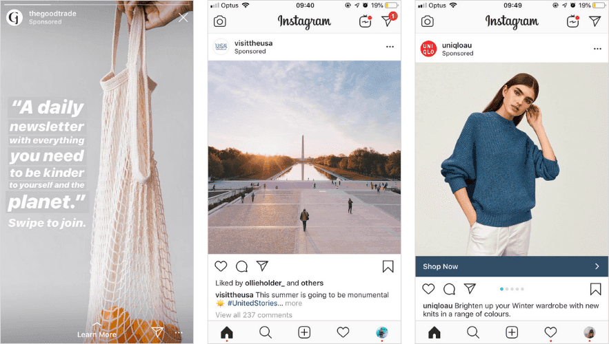 Examples of advertisements that appear on Instagram.