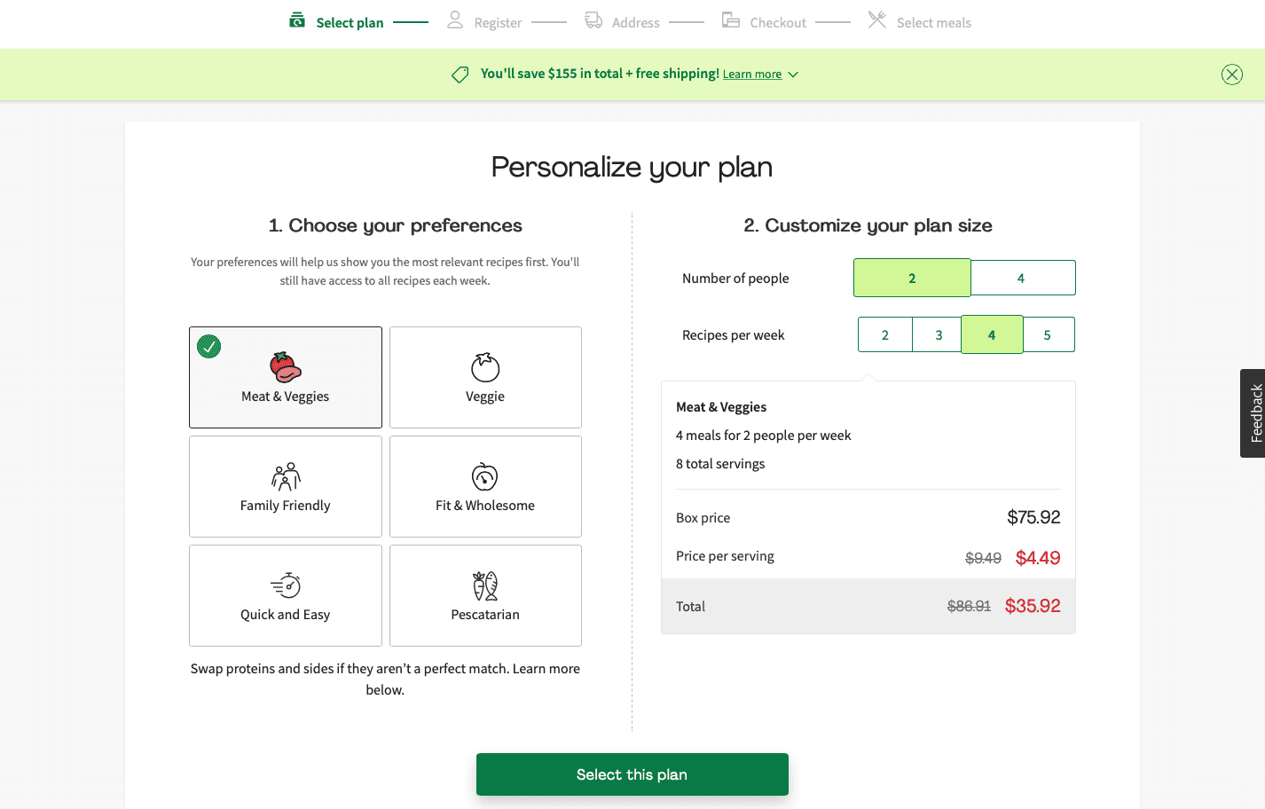 image of the hello fresh checkout page giving meal customization options