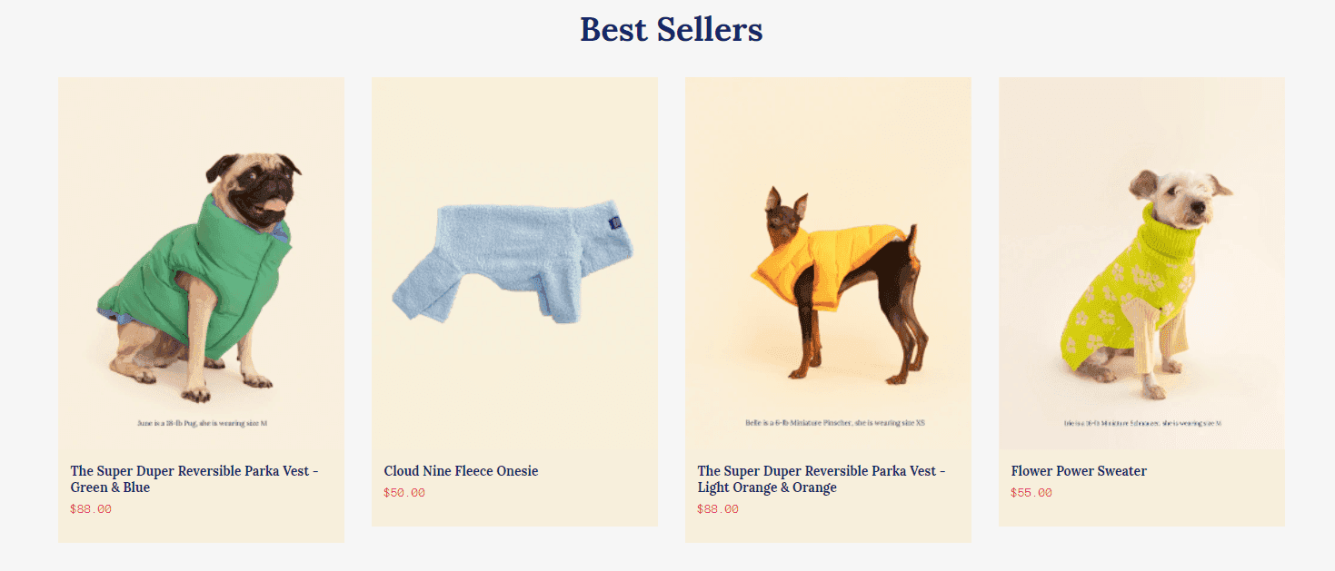 Little beast webpage showing dogs wearing vests