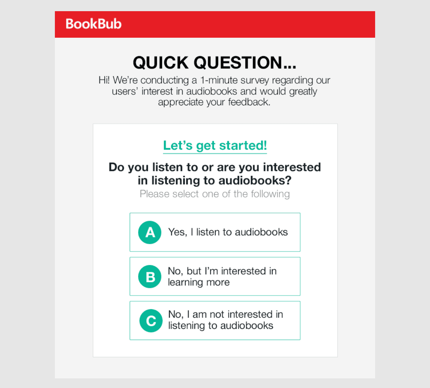 screenshot of Bookbub survey asking questions about audiobooks