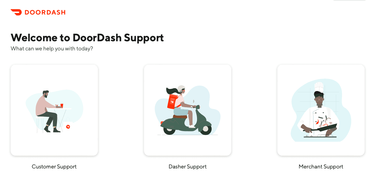 Screenshot from DoorDash Support, broken up into three categories: Customer Support, Dasher Support, and Merchant Support.