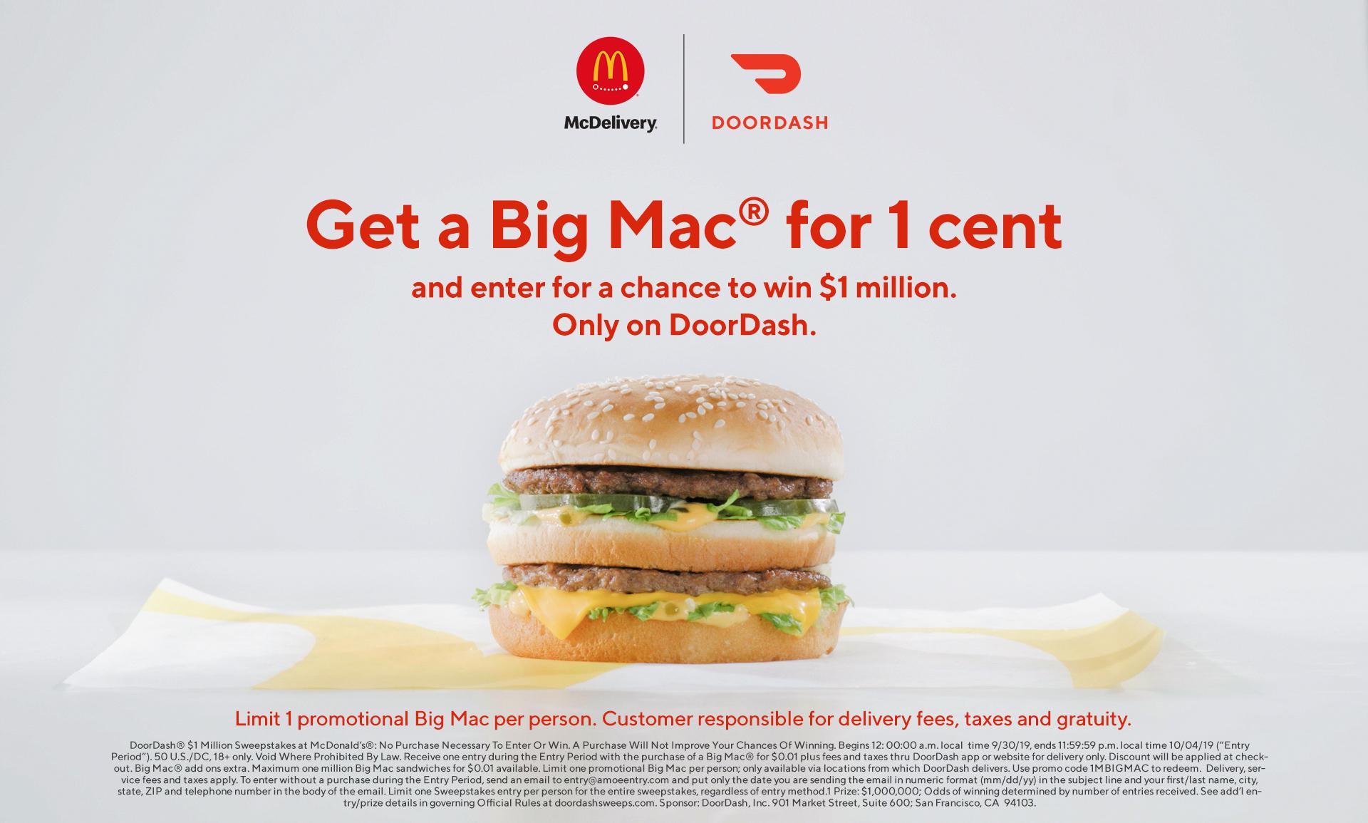 "Get a Big Mac for 1 cent, Only on DoorDash" McDonald's x DoorDash commercial/promotion