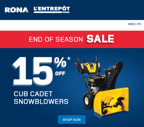 An advertisement from Rona, promotion a end of season sale.