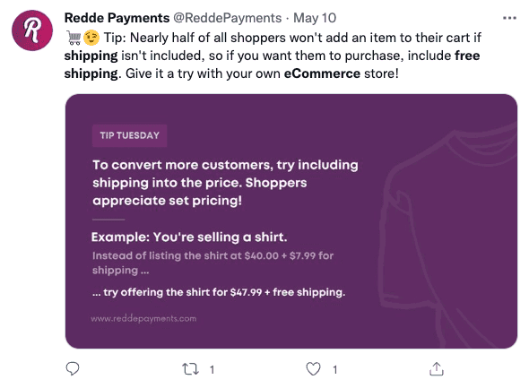 A tweet from Redde Payments, stating that nearly half of customers won't add an item to their cart if shipping isn't included.
